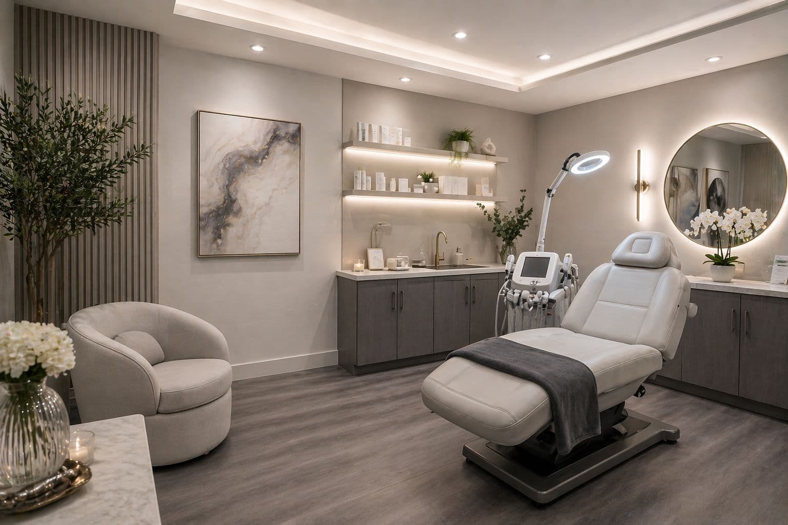 A YOD treatment room at the SoHo flagship — recessed lighting, marble, floating shelves stocked for clinic